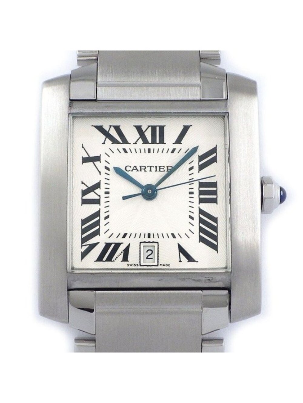 Cartier Watch Tank Francaise LM Square Silver Guilloche Dial Roman Index Date